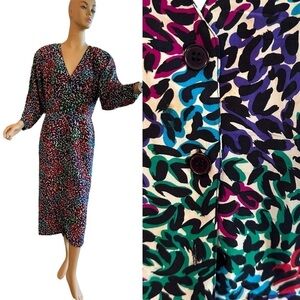 Vintage 100% Silk Long Sleeve Button Front Scribble Abstract Animal Print Dress